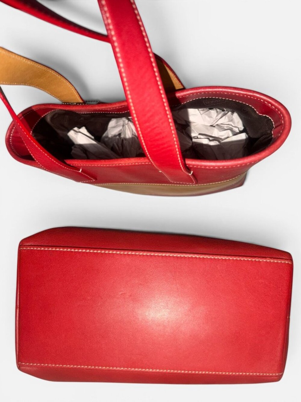 VTG Coach Legacy Rugby Stripe Colorblock Tote 9348 Red Tan Leather 90s + Hangtag - Picture 6 of 8